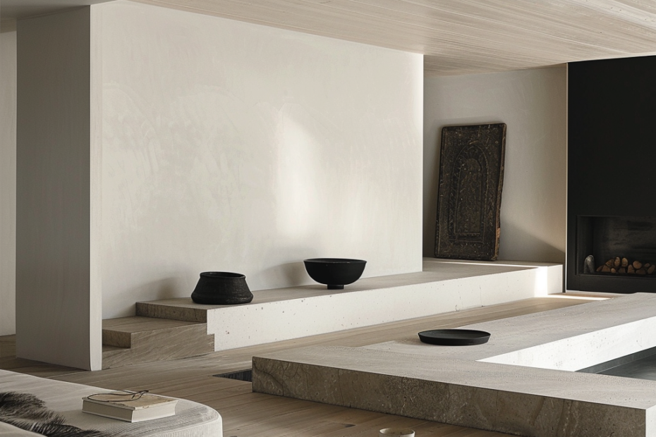 interni minimalisti_ Soggiorno moderno con arredamento minimalista, colori neutri e mobili essenziali